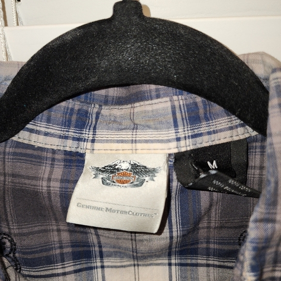 Harley Davidson Blue Cream Plaid Pearl Snap Long Sleeve Women's Shirt Medium - Picture 3 of 6